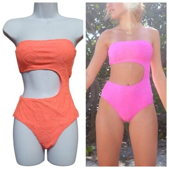 Aerie‎ Terry Cut Out Strapless Neon Orange One Piece Swimsuit S - Picture 1 of 16